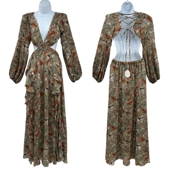 Cut-Out Chiffon Ruffle Trim PrintedWoven Maxi Dress - Picture 1 of 10